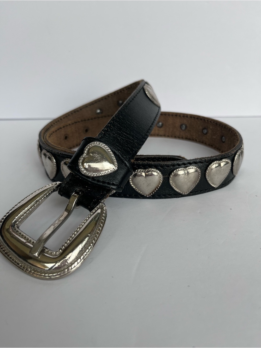 Vintage Leather Shop Black Leather Silver Hearts Belt